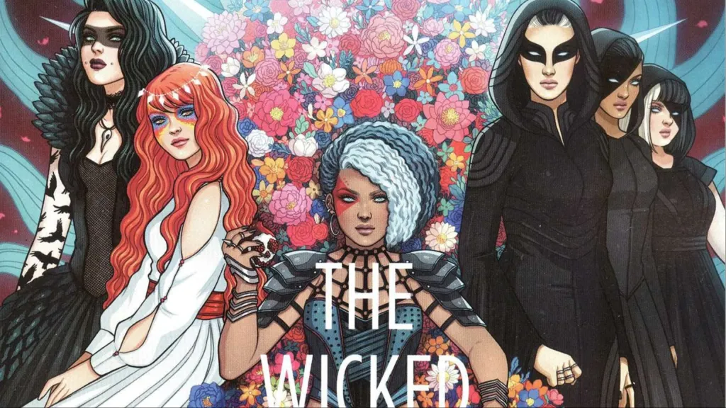 The Morrigan, Amaterasu, Persephone, and the Norns standing together