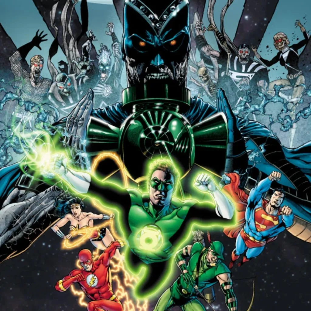 Hal Jordan, Superman, the Flash, Wonder Woman, and Green Arrow with a massive Black Hand above them, the Black Lantern Corps behind him