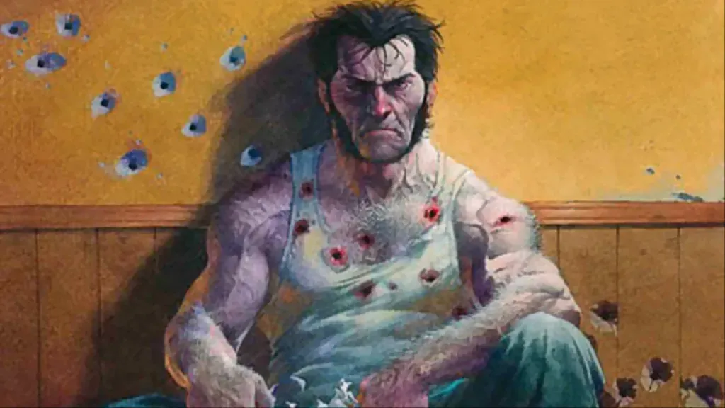 Wolverine sitting up against the wall with bullet holes through him and the wall