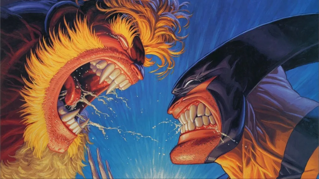 Sabretooth roaring at a growling Wolverine