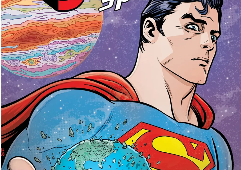 Superman, with Jupiter behind him, holding a fracturing Earth in his hands