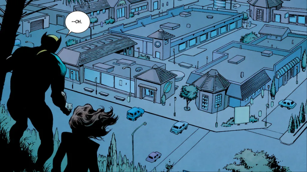 Wolverine and Kitty Pryde looking down at the shopping mall wher the Howlett Estate used to be