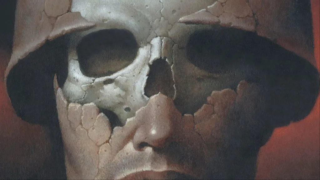 A skull breaking through a soldier's face