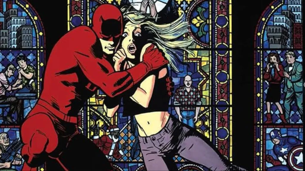 Daredevil and Karen Page in front of a stained glass window