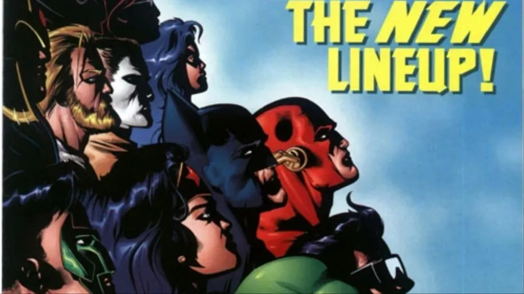 Big Barda, Oracle, Huntress, Zauriel, Aquaman, Kyle Rayner, Batman, Wonder Woman, Wally West, and parts of the faces of Martian Manhunter and Plastic Man standing together