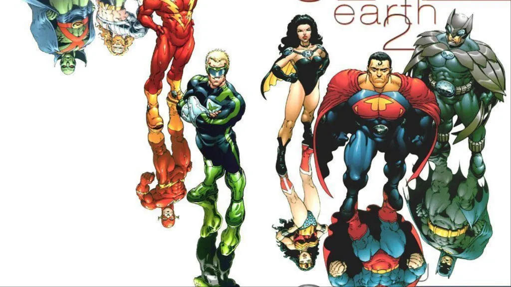Owlman, Ultraman, Superwoman, Power Ring, Johnny Quick, with Batman, Superman, Wonder Woman, Kyle Rayner, and Wally West as their reflections, with Martian Manhunter and Aquaman in the back ground