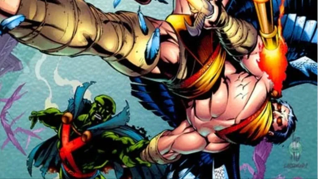 Zauriel with a fire lance in his face carrying along Martian Manhunter