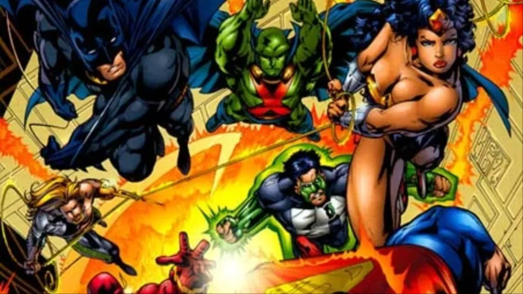 Batman, Martian Manhunter, Wonder Woman pulling along Aquaman, and Green Lantern Kyle Rayner springing into action