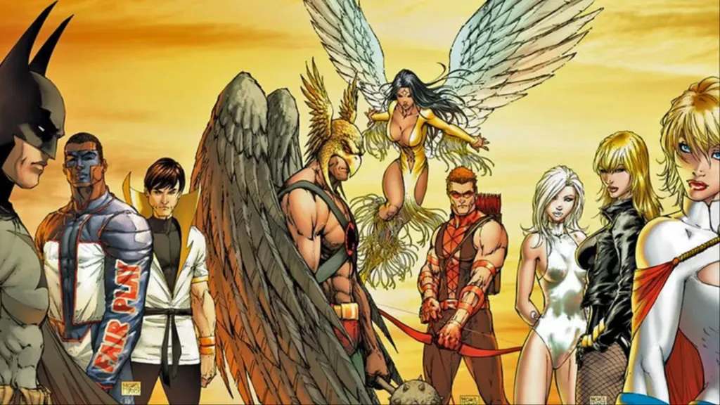 Batman, Mister Terrific, Karate Kid, Dawnstar, Red Arrow, Dream Girl, Black Canary, and Power Girl standing together