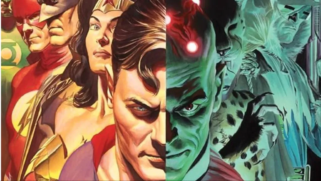 Flash, Batman, Wonder Woman, and Superman on one side and Brainiac, Cheetah, Scarecrow, and Captain Cold on the other