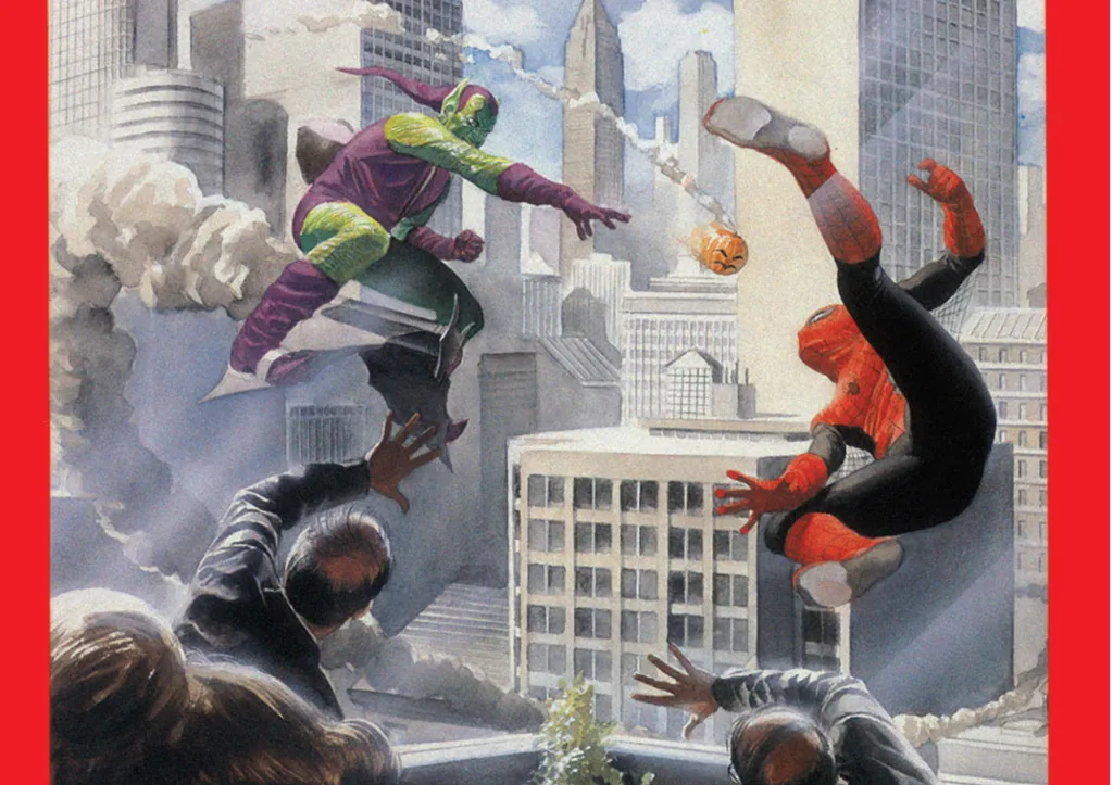 Green Goblin and Spider-Man fighting against each other outside of a building, while the people within scramble for safety