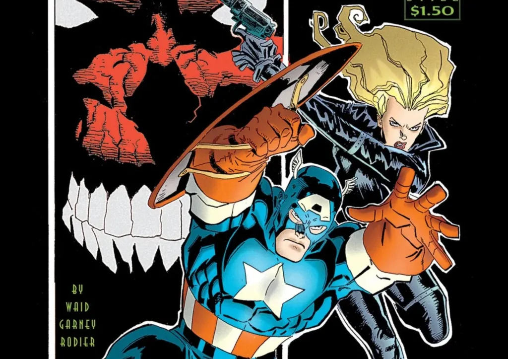 Captain America and Sharon Carter jumping into action with Red Skull's face behind them