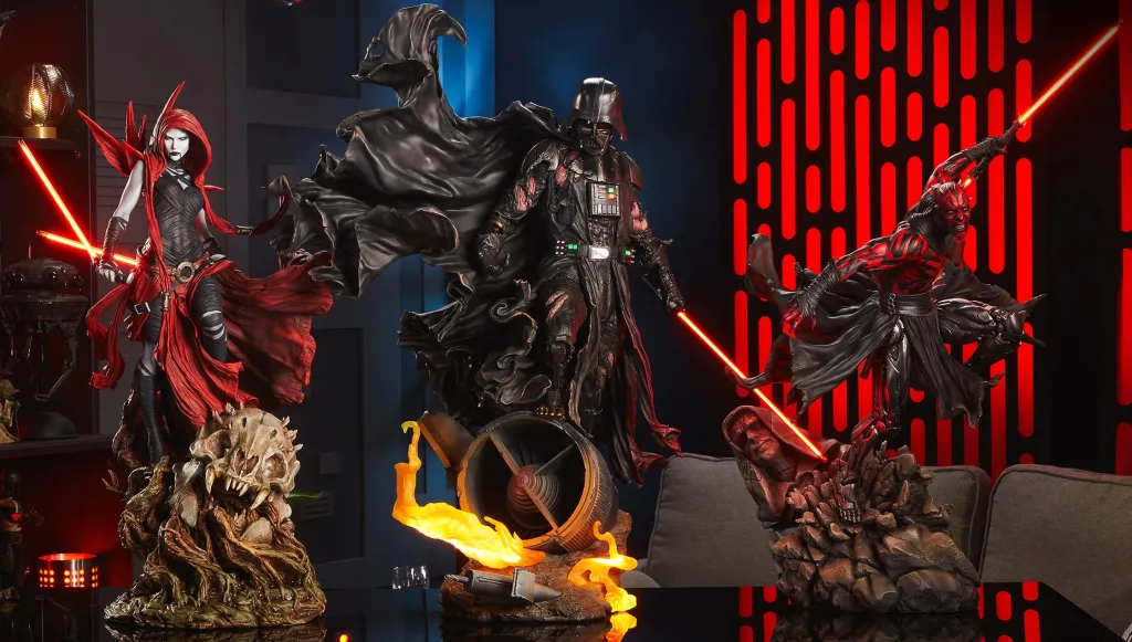 Asajj Ventress, Darth Vader, and Darth Maul in the Sideshow Collectibles Mythos line.