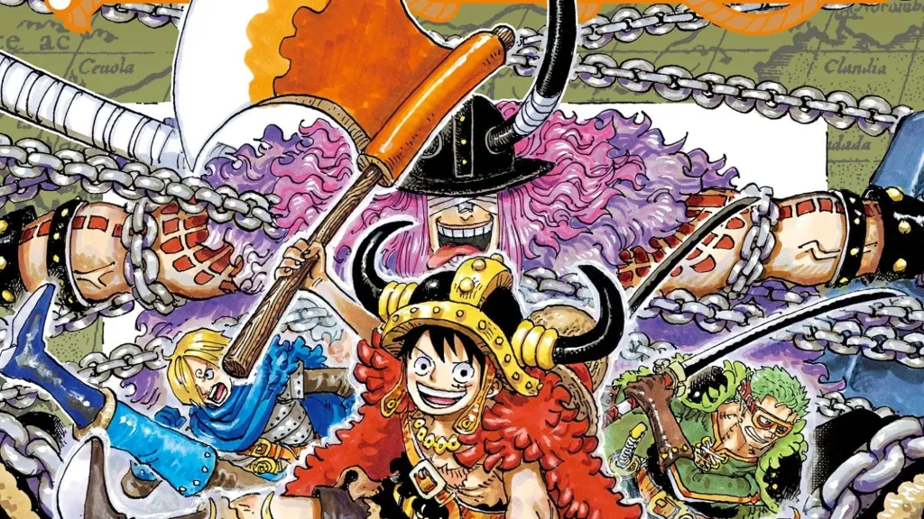 A color spread by Oda featuring Loki and Straw Hats