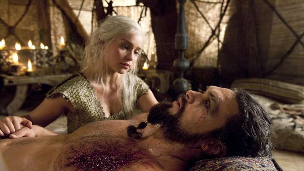 Daenerys looking at a dying Khal Drogo in Game of Thrones