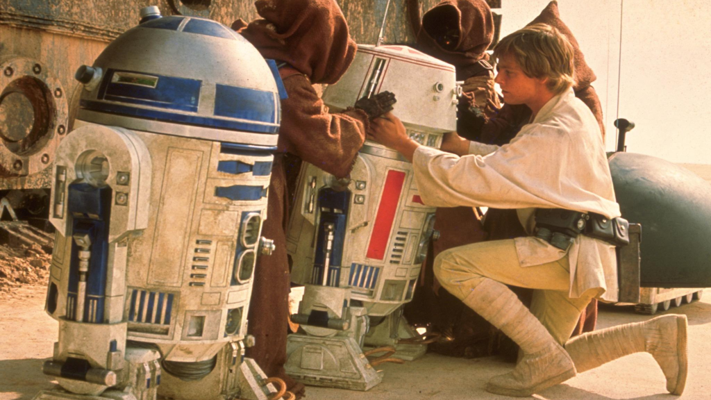 Luke Skywalker with R2-D2 and R5-D4