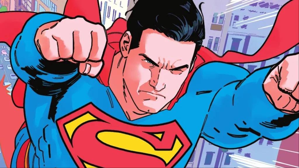 Superman Flying forward with a stern look on his face