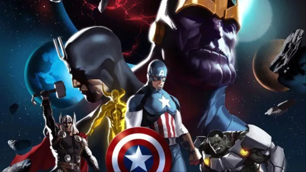 Thor, Ex Nihilo, and Captian America standing in front of the heads of Black Bolt and Thanos in space