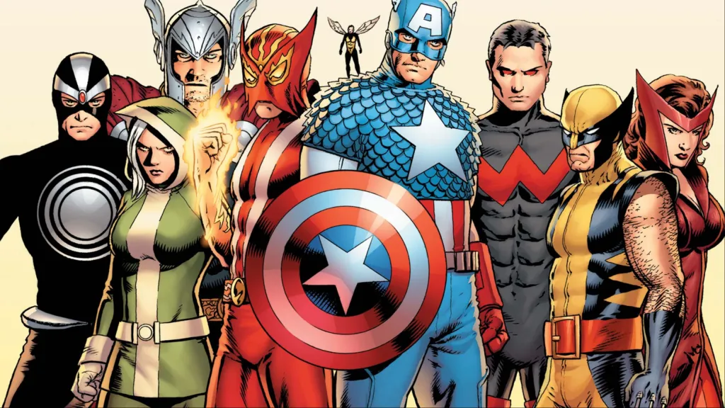 Havok, Rogue, Thor, Sunfire, Wasp, Captain America, Wonder Man, Wolverine, and Scarlet Witch standing together as the Uncanny Avengers