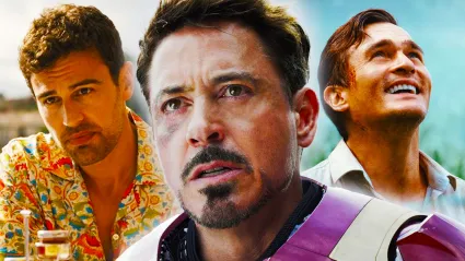 Robert Downey Jr. as Tony Stark's Iron Man with Theo James in The White Lotus and Rupert Friend in Jurassic World Rebirth