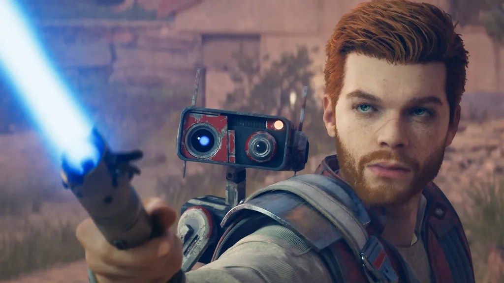 A screenshot from Star Wars: Jedi Survivor, showing Cal Kestis and BD-1 looking at a lightsaber blade.