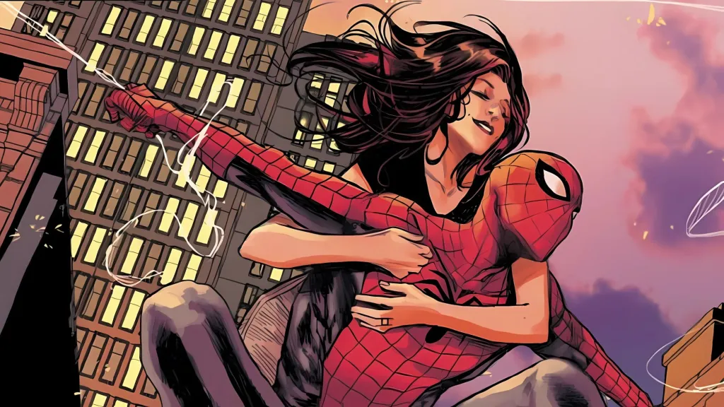 Spider-Man flying with Mary Jane Watson