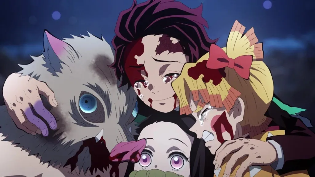 Tanjiro, Nezuko, Zenitsu, and Inosuke group hugging