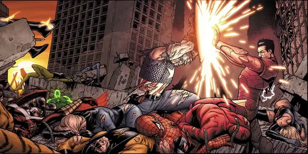 Iron Man and Captain America fighting over the fallen Marvel heroes