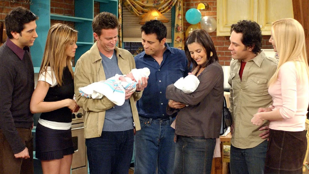 Ross, Rachel, Chandler, Joey, Monica, Mike, and Phoebe in the Friends finale