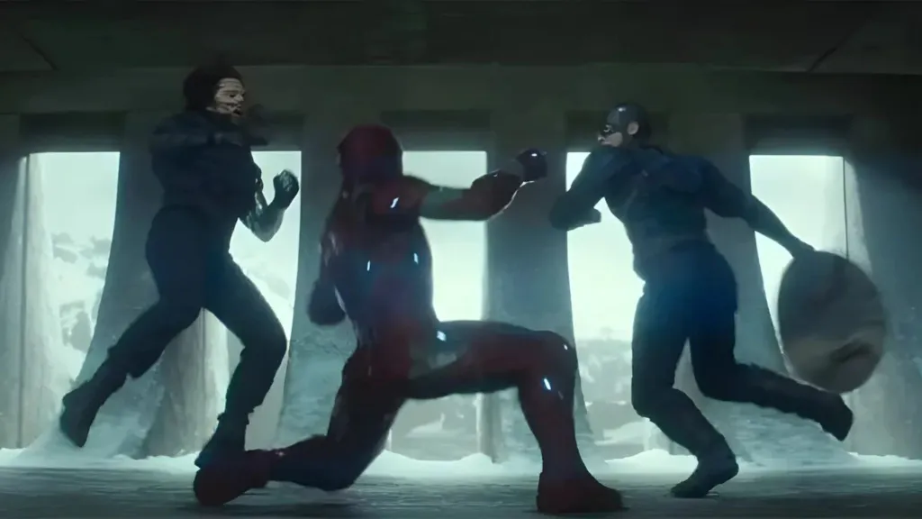 Steve and Bucky fight Iron Man in Captain America: Civil War