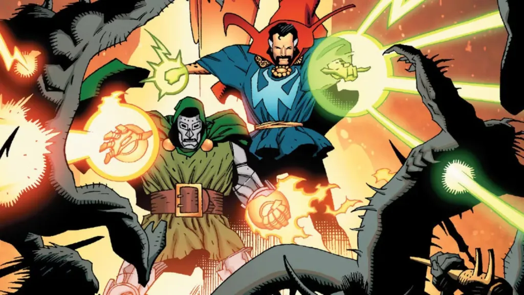 Doctor Strange and Doctor Doom fighting together