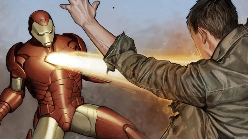 Iron Man shooting a guy with an energy blast