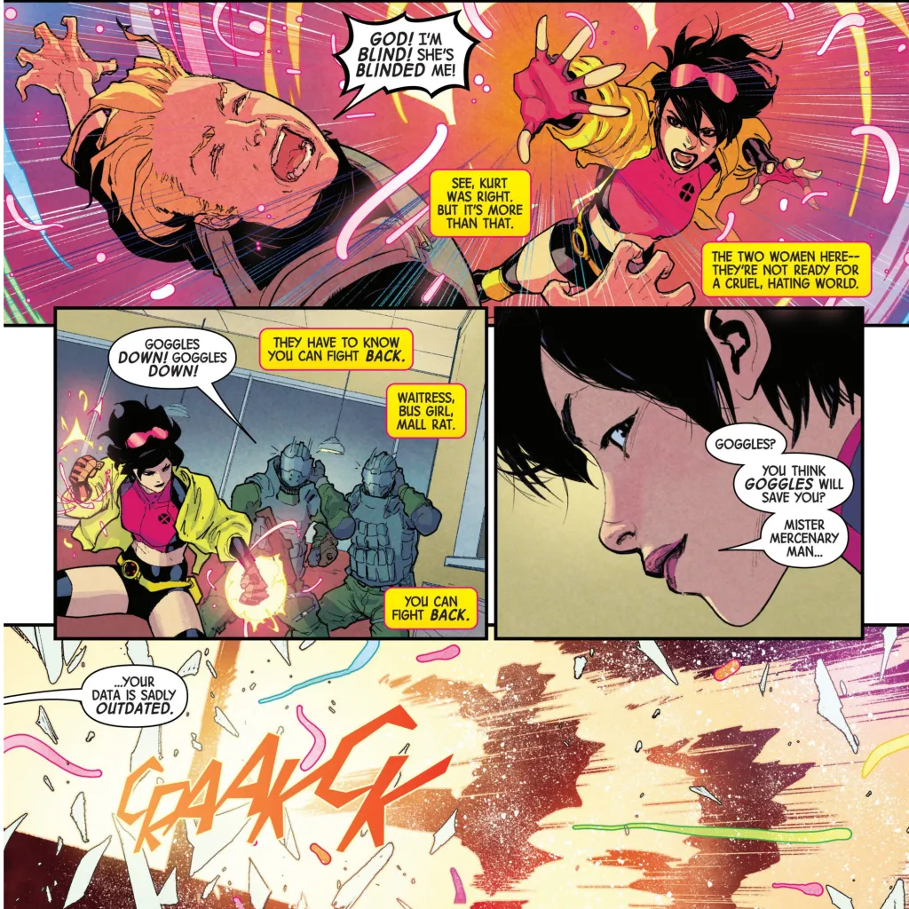 Jubilee using her martial arts skills and her powers to decimate some bigots