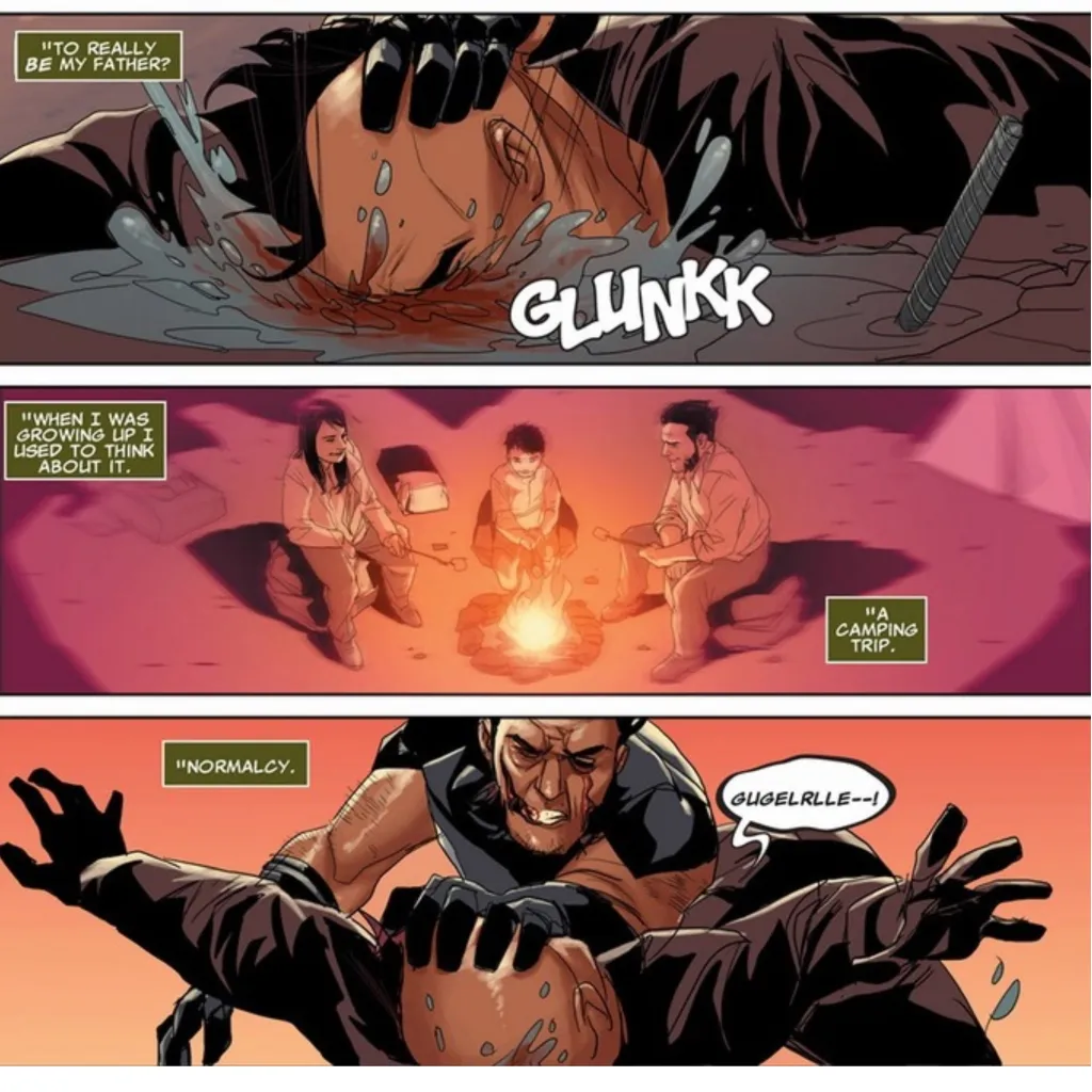 Wolverine drowning Daken, with a fantasy of what their lives could have been