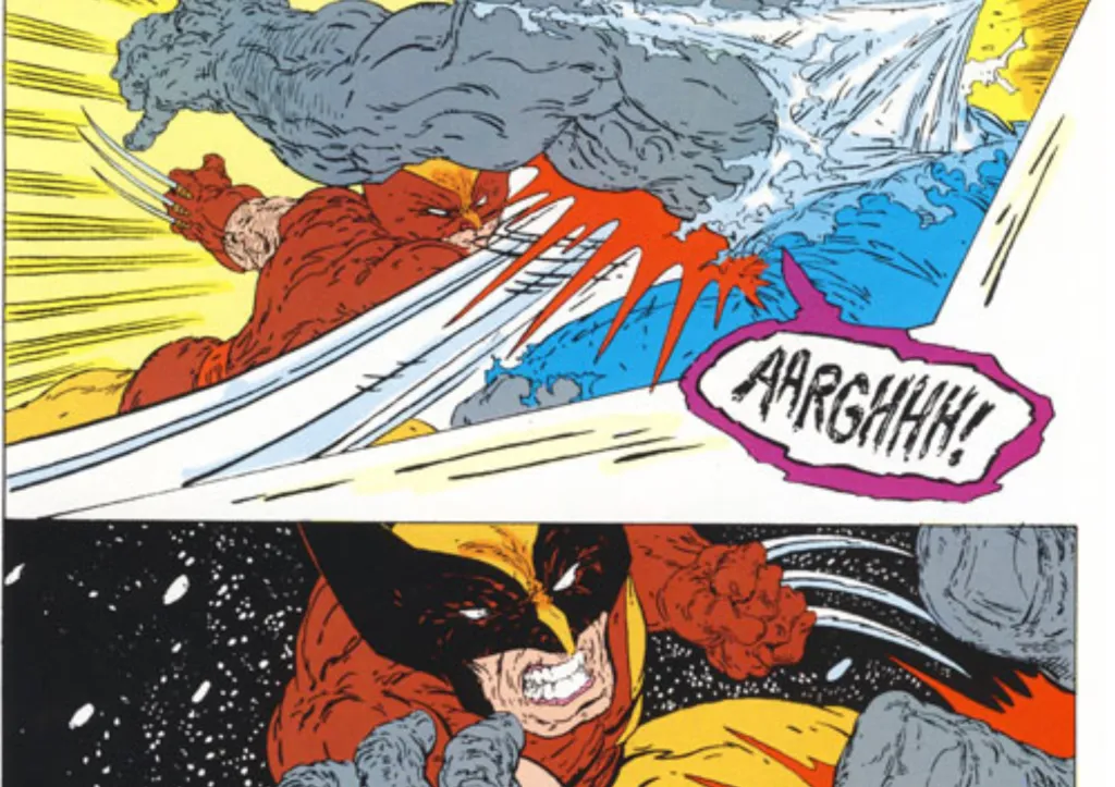 Wolverine stabbing Grey Hulk in the gut