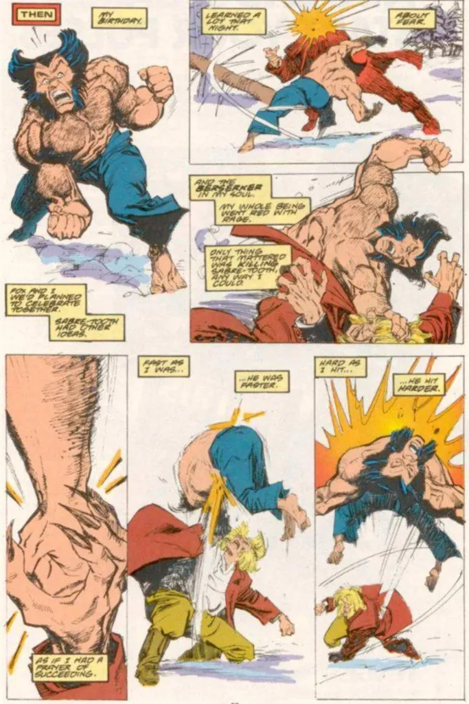 Wolverine and Sabretooth fighting in the snow with Sabretooth getting the upper hand in Wolverine #10