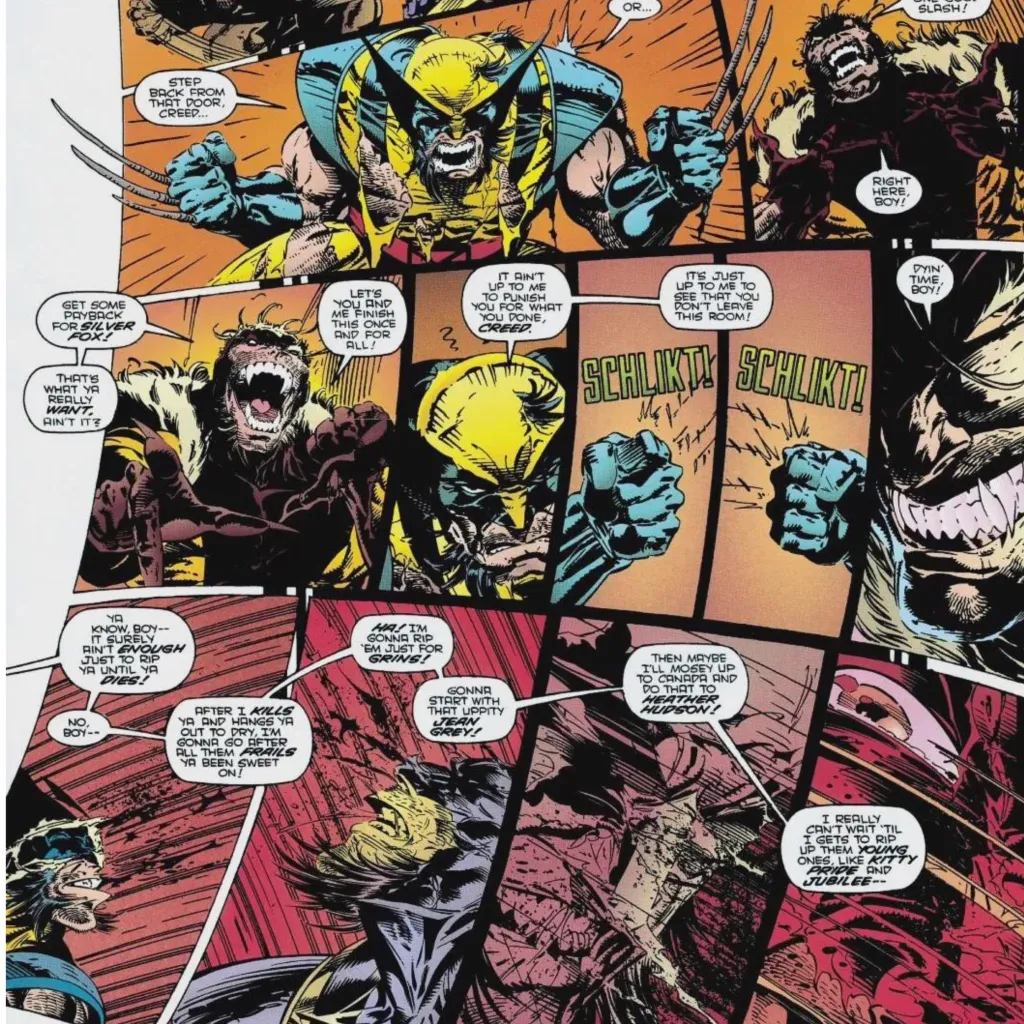 Wolverine putting away his claws in battle against Sabretooth, and Sabretooth tearing him up