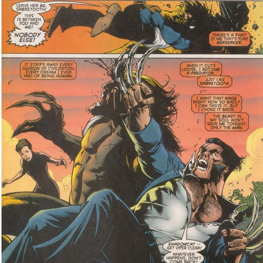 Wolverine tackling Sabretooth then slashing his face with Kitty Pryde looking on