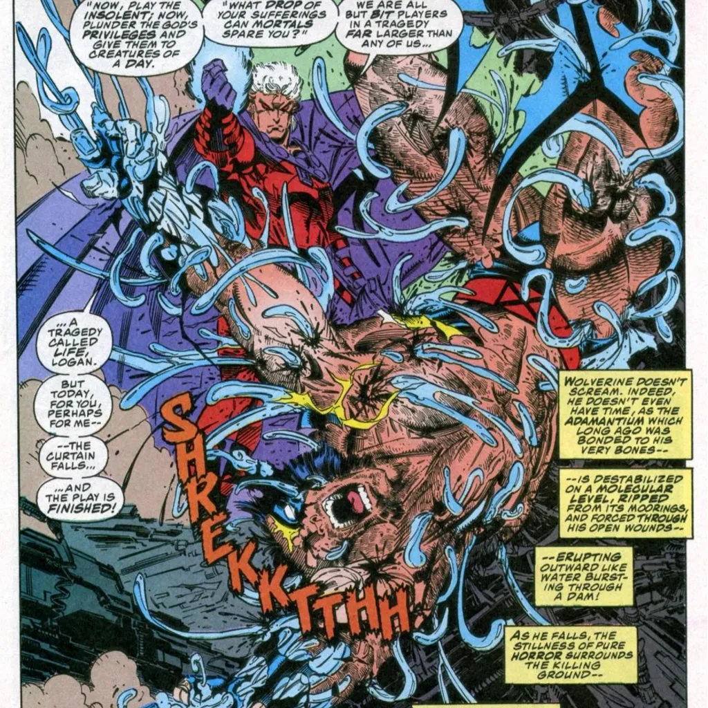 Magneto ripping out Wolverine's adamantium as the hero screams in X-Men #25
