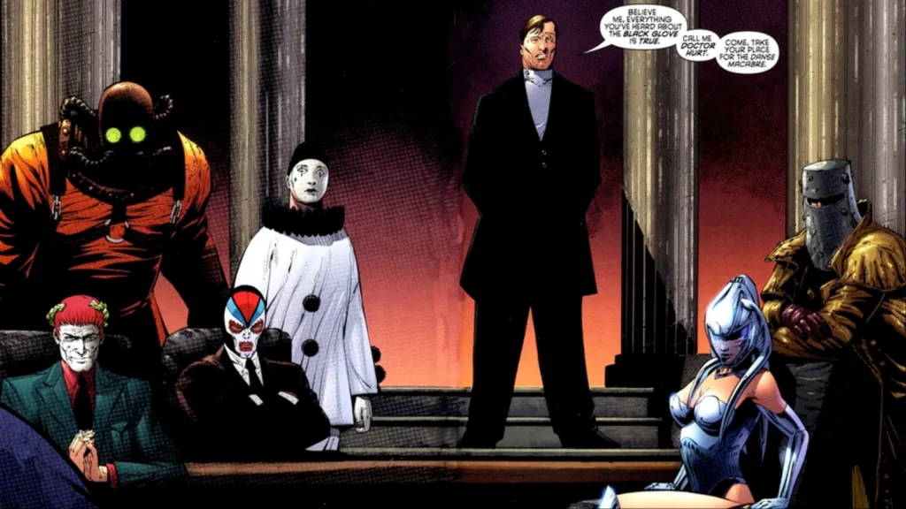 Doctor Hurt, Cardinal Maggi, Sir Anthony, General Malenkov, Al-Kidr, and Senator Vine introducing themselves as the Black Glove