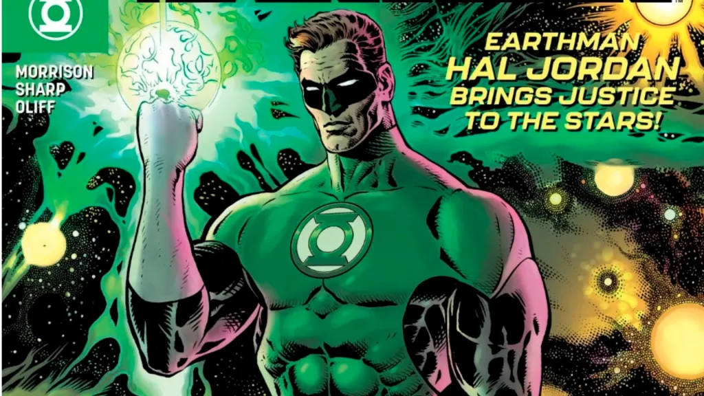 Hal Jordan in outer space, holding his power ring, which is glowing with power