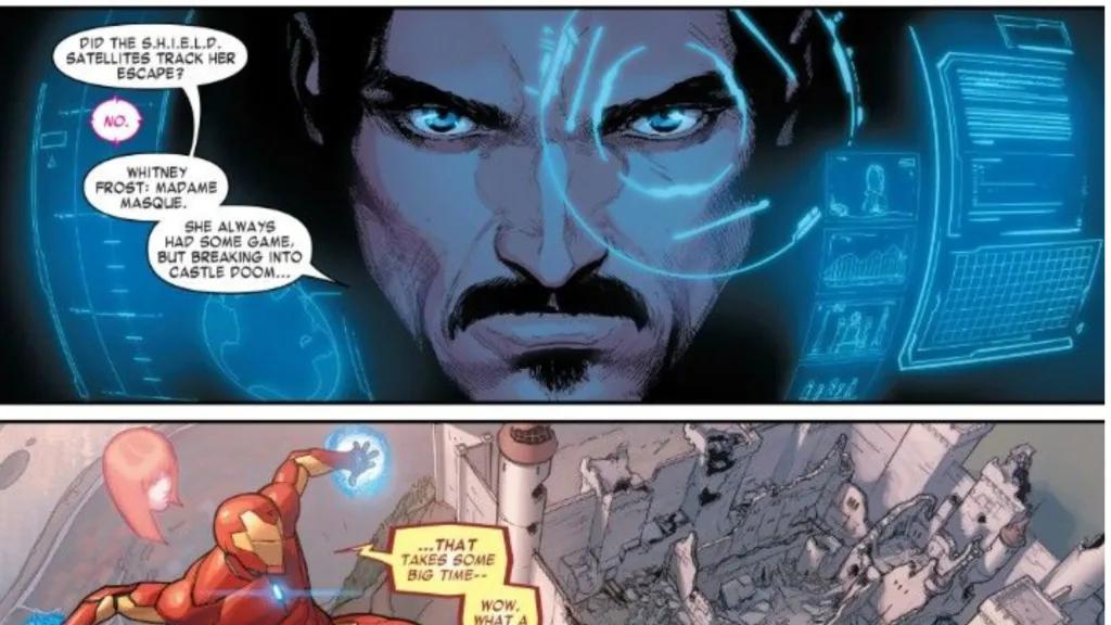 Iron Man using his heads up display in one panel and flying into a wrecked castle in the next