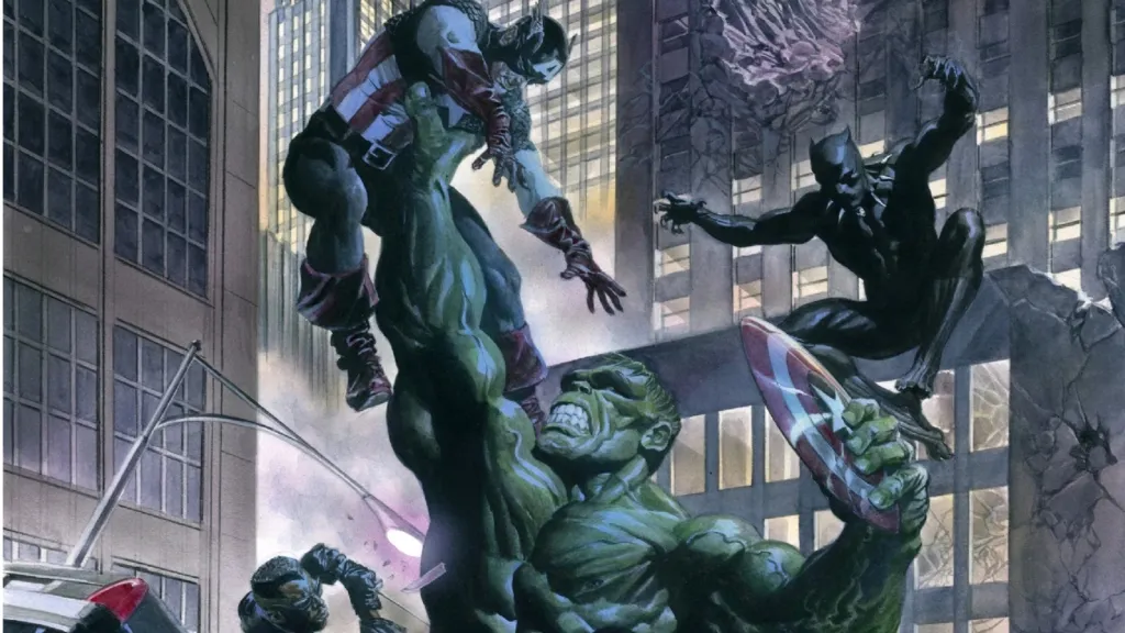 Hulk snatching Captain America's shield and holding him in the air as Black Panther and Blade try to attack him