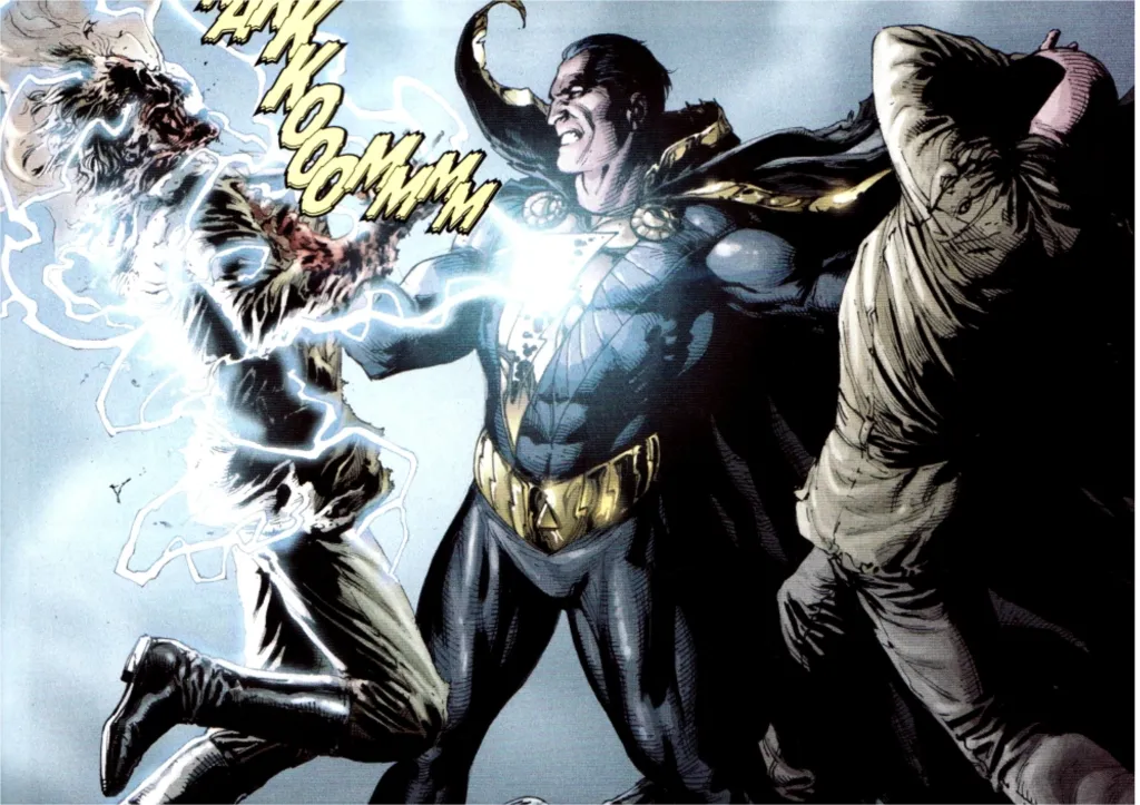 Black Adam holding two people by the throats, electrocuting one
