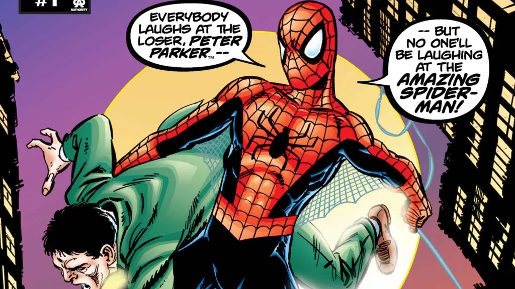 Spider-Man swinging through the night holding a criminal