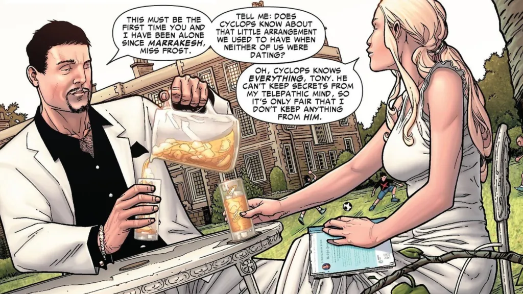 E,,a Frost having lemonade with Tony Stark in Civil War