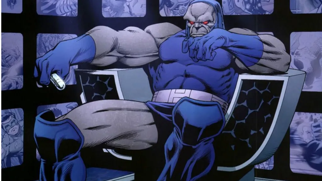 Darkseid sitting in a room full of monitors
