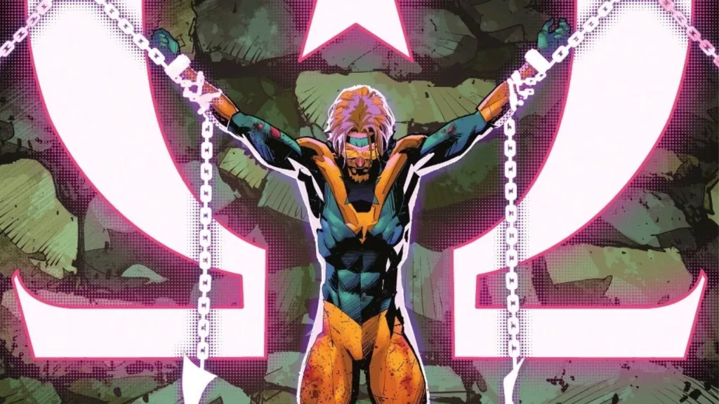 Booster Gold chained to a wall surrounded by an Omega symbol