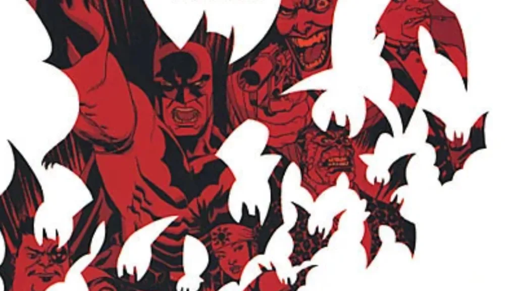 Batman and various Gotham criminals in bat-outlines over a white field