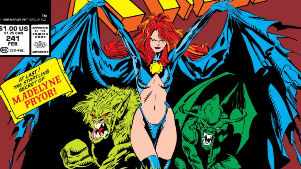 Madelyne Pryor spreading her cape with a demon on either side of her, with a caption that says, "The Startling Secret of Madelyne Pryor"